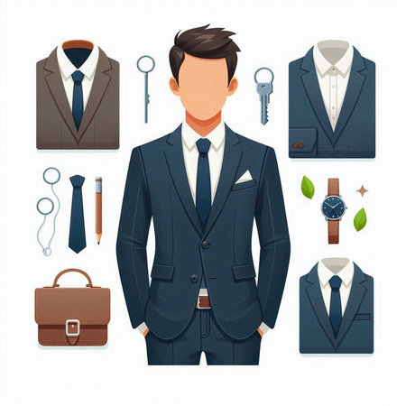 Men's business suit and accessories. Vector illustration in flat style.のイラスト素材