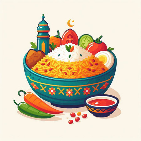 Illustration of a bowl of rice with meat, vegetables and sauceのイラスト素材