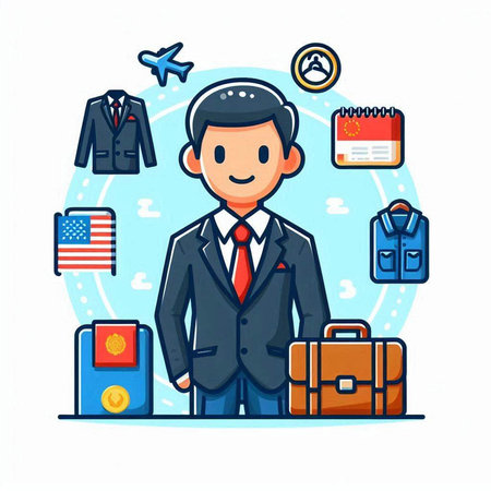 Businessman with suitcase and travel icons. Flat style vector illustration.のイラスト素材