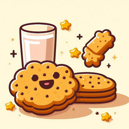 Illustration of a glass of milk with cookies and crackers on a light backgroundのイラスト素材