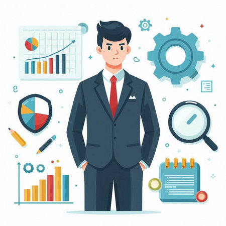 Vector illustration of a business man standing in front of a set of business icons.のイラスト素材