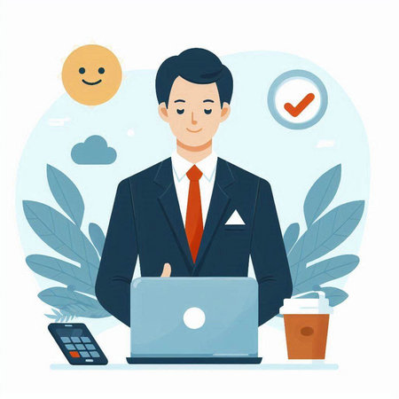 Businessman working on laptop. Vector illustration in flat design style.のイラスト素材