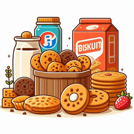 Illustration of a Basket Full of Cookies and a Milk Bottleのイラスト素材