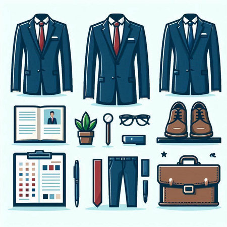 Vector illustration of a set of men's suits and office accessories.のイラスト素材