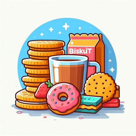 Cup of hot cocoa with cookies and donut. Vector illustration.のイラスト素材