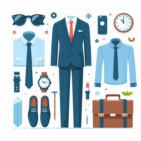Vector illustration of a man's suit, tie, watch, briefcase, sunglasses, shoes, briefcase and other accessories.のイラスト素材