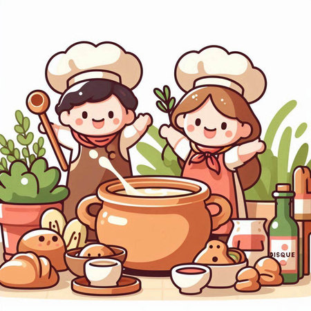 Illustration of a boy and a girl cooking in the kitchen.のイラスト素材