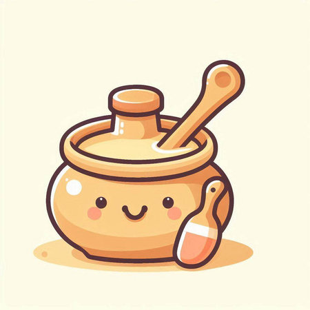 Cute pot with honey and spoon. Vector illustration in cartoon styleのイラスト素材