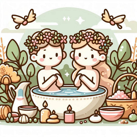 Vector illustration of boy and girl bathing in a bathtub with candles.のイラスト素材