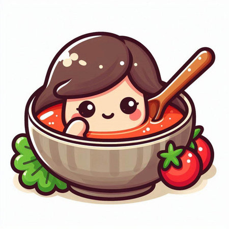 Cartoon illustration of a bowl of tomato soup with a spoon.のイラスト素材