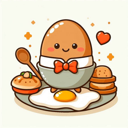 Cute cartoon egg character with a spoon and pancakes. Vector illustration.のイラスト素材