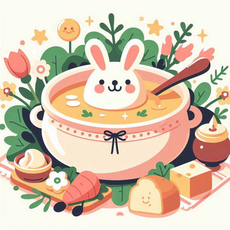 Cute Easter bunny in a bowl of soup. Vector illustration.のイラスト素材