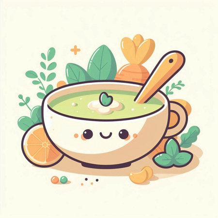 Cute bowl of soup with ingredients. Vector illustration in cartoon style.のイラスト素材