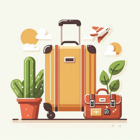 Vector illustration of modern flat style travel and tourism concept. Luggage, suitcase, airplane, luggage, cactus, sun, clouds, plants.のイラスト素材