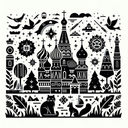 Russia. St. Basil's Cathedral. Black and white vector illustrationのイラスト素材