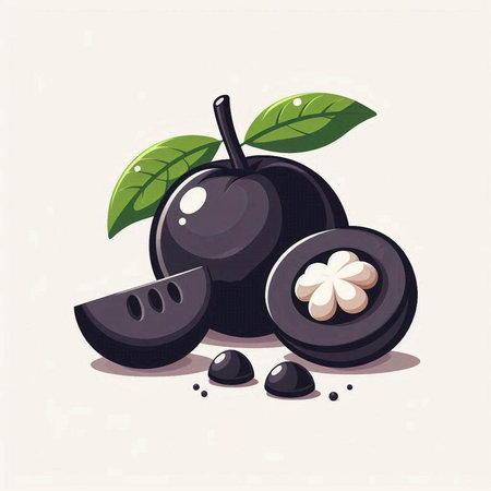 Illustration of black olives with leaves and seeds. Vector illustration.のイラスト素材