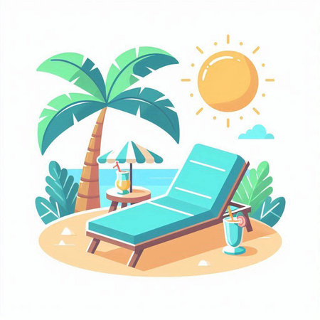 Beach with sunbed and palm trees. Vector illustration in flat styleのイラスト素材