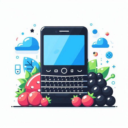 Mobile phone with fruits and vegetables on white background. Vector illustration.のイラスト素材