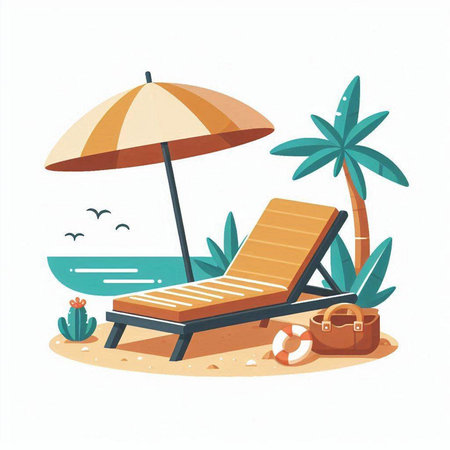 Beach chair with umbrella, palm tree and lifebuoy. Vector illustrationのイラスト素材