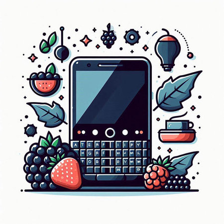Smartphone with fruits and berries. Vector illustration in line art style.のイラスト素材