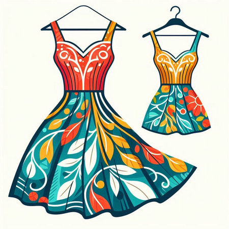 Dress design. Vector illustration of a beautiful dress with floral pattern.のイラスト素材