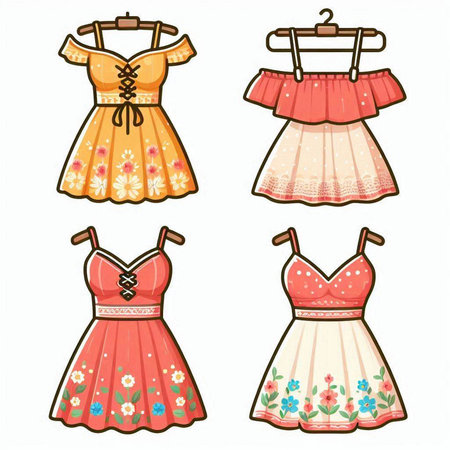 Set of beautiful dresses isolated on white background. Vector illustration in cartoon style.のイラスト素材
