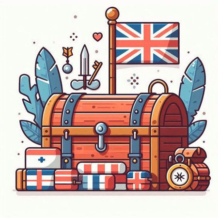 Treasure chest with flag of United Kingdom. Vector illustration in cartoon style.のイラスト素材