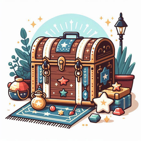Treasure chest with magic items. Vector illustration in cartoon style.のイラスト素材