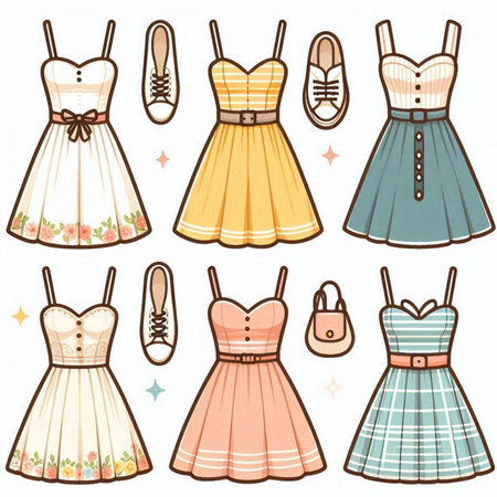 Cute collection of different dresses. Vector illustration isolated on white background.のイラスト素材