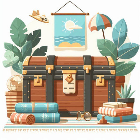 Vector illustration of an old wooden chest with a picture of the sun, a suitcase, a book, a sun lounger, a beach umbrella, a palm tree and a plane.のイラスト素材