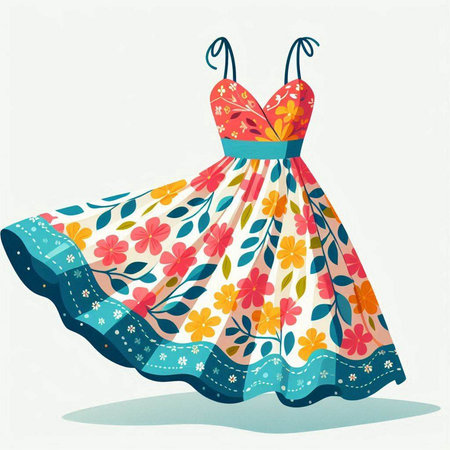 Illustration of a beautiful dress with floral pattern on a white backgroundのイラスト素材