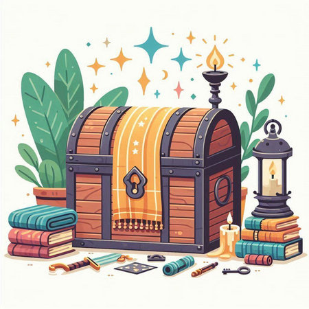 Treasure chest with books, candles and other things. Vector illustration.のイラスト素材
