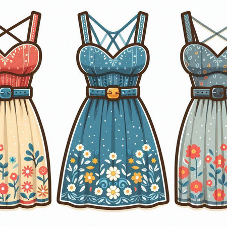 Set of different women's dresses with floral ornament. Vector illustration.のイラスト素材