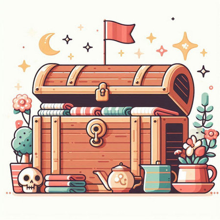 Treasure chest. Vector illustration in cartoon style on the theme of travel.のイラスト素材