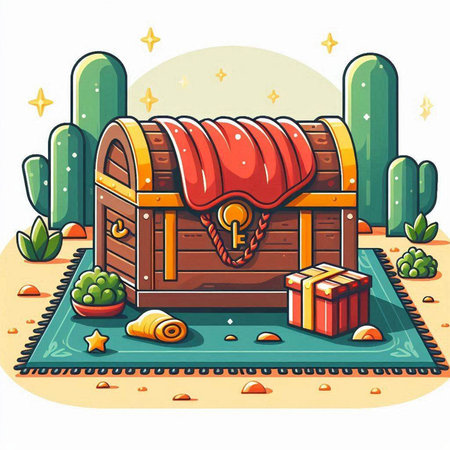 Treasure chest in the desert. Vector illustration of a treasure chest.のイラスト素材
