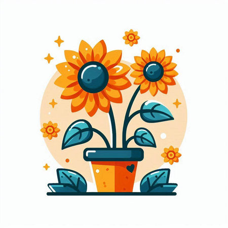 Flowerpot with sunflowers. Vector illustration in flat styleのイラスト素材