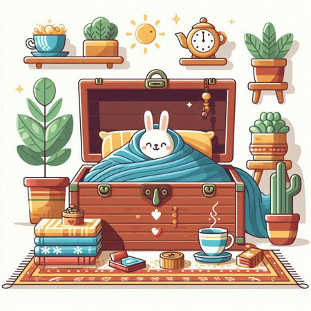 Vector illustration of a cartoon wooden chest with a sleeping rabbit and a cup of tea.のイラスト素材