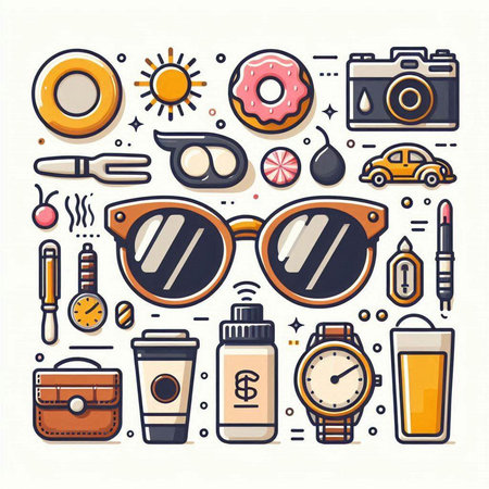 Vector set of hipster flat line icons. Sunglasses, sunglasses, watches, camera, donut, coffee, watch, perfume, perfume, pencil, toothbrush, wallet and other objects.のイラスト素材