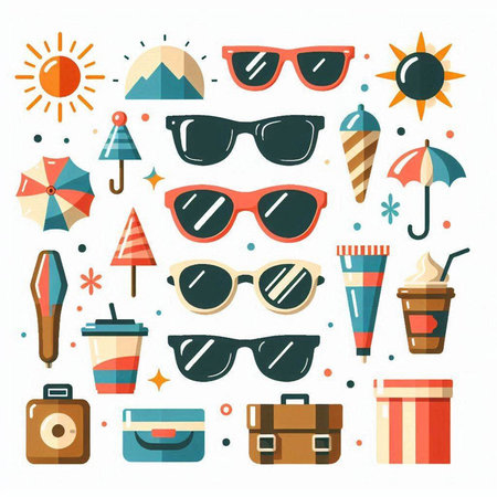 Set of summer icons in flat design style. Sunglasses, hat, umbrella, cup of coffee, ice cream, camera, bag, briefcase, sunglasses.のイラスト素材