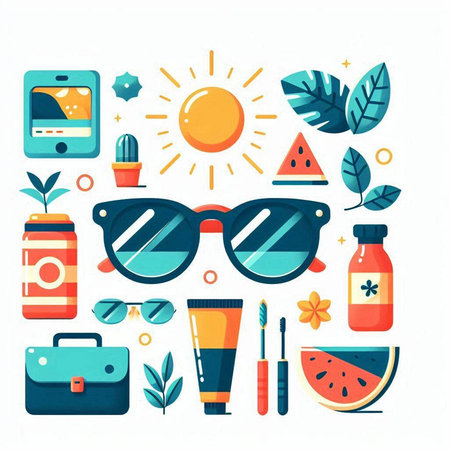 Summer vacation flat icons set with sunglasses, sun, watermelon, sunflower, sunglasses, sunscreen and other elements isolated vector illustrationのイラスト素材