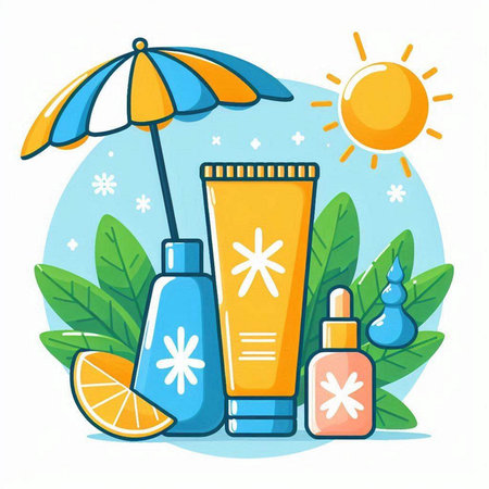 Vector illustration of a set of sunblock and sun protection products.のイラスト素材