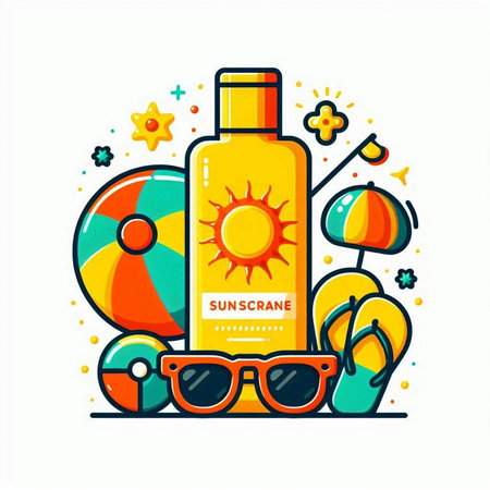 Sunscreen lotion bottle with sunglasses and beach accessories. Vector illustrationのイラスト素材