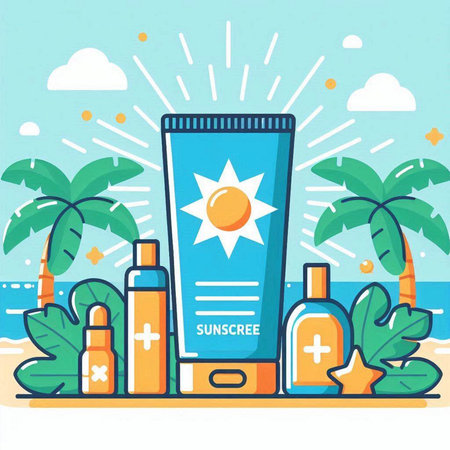 Sunscreen in a tube on the background of palm trees. Vector illustration.のイラスト素材