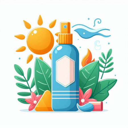 Sunscreen bottle with label, sunflowers and leaves, flat vector illustrationのイラスト素材