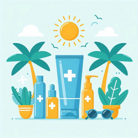 Sunscreen, sun glasses and palm trees. Flat style vector illustration.のイラスト素材