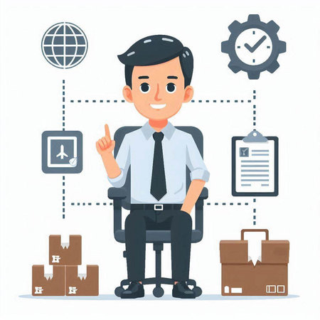Vector illustration of a businessman sitting on a chair with boxes around him.のイラスト素材