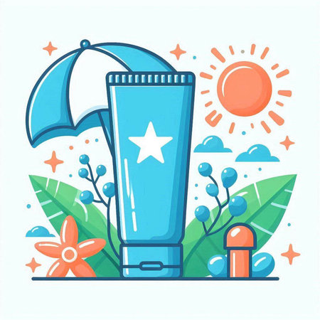 Sunscreen in a tube with a star, sun umbrellas and flowers. Vector illustrationのイラスト素材