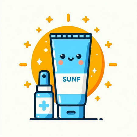 Cute and kawaii sun cream bottle. Vector illustration.のイラスト素材
