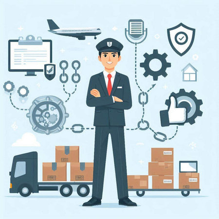 Vector illustration of a flat design of a man in a police uniform standing in front of a cargo truck with a lot of icons.のイラスト素材