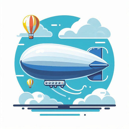 Airship in the sky with clouds. Vector illustration in flat style.のイラスト素材